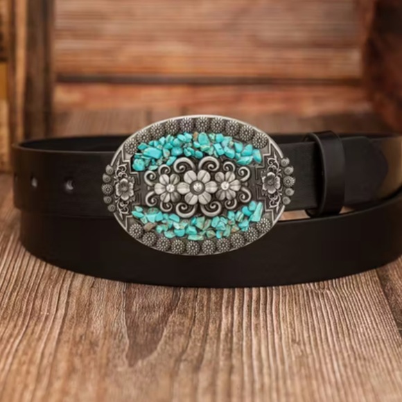 NEW! Black VEGAN Leather Belt with Silver and Turquoise Buckle